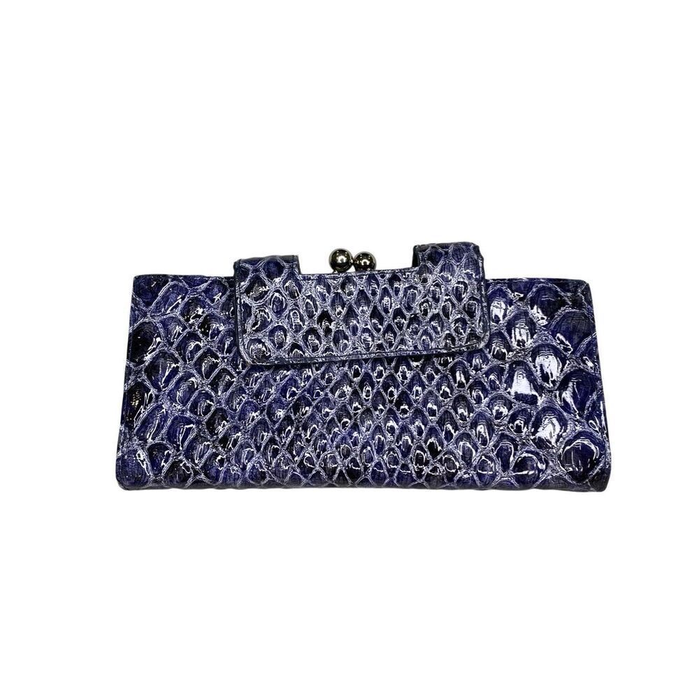Blue Faux Snakeskin Wallet Clutch Checkbook Holder Organizer Kiss Lock Purse Vtg